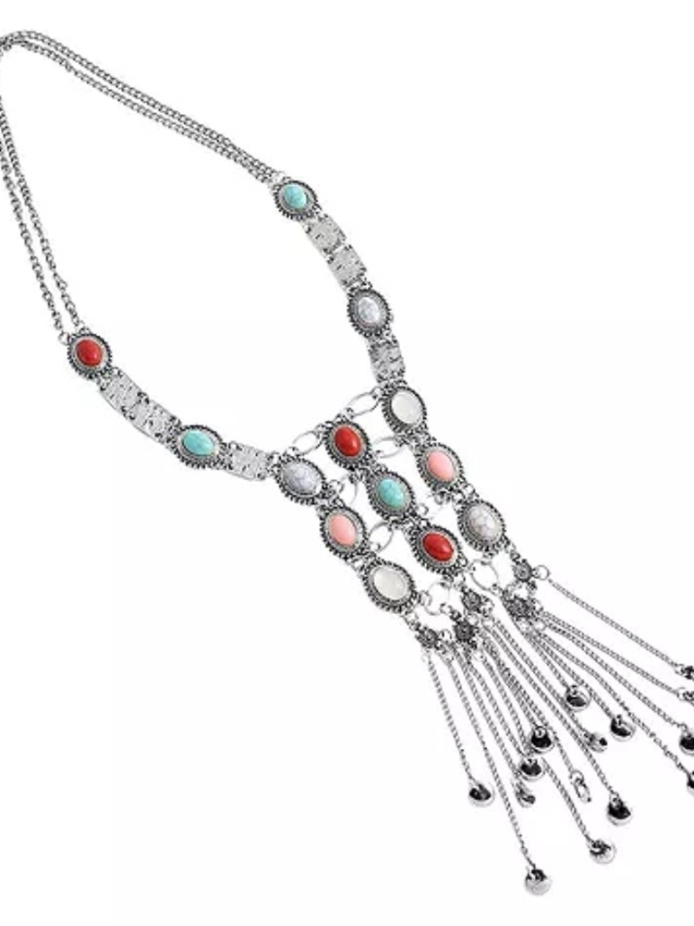 Long Fringe Western Bib Collar Faux Stone Silver Tone Chain Multi-Color Necklace